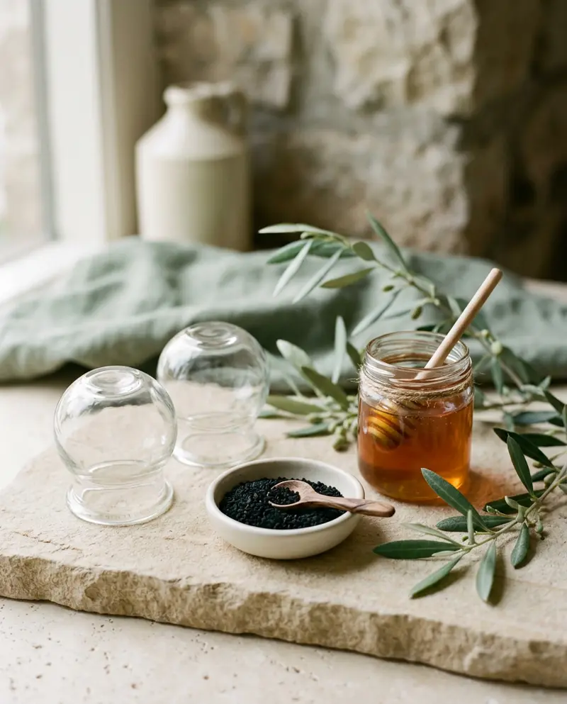 Glass cupping cups beside black seed, honey and olive leaves