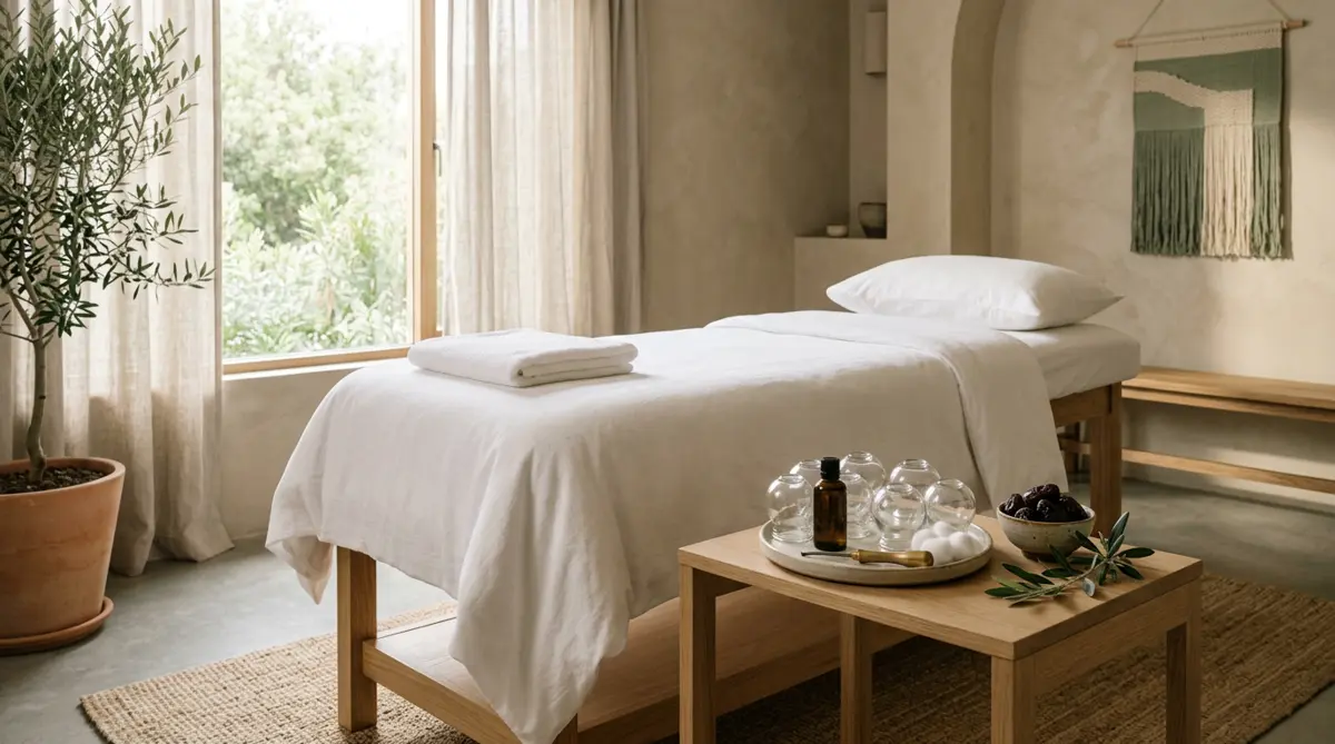 A calm, sunlit treatment room with a linen-covered bed and a tray of glass cupping cups